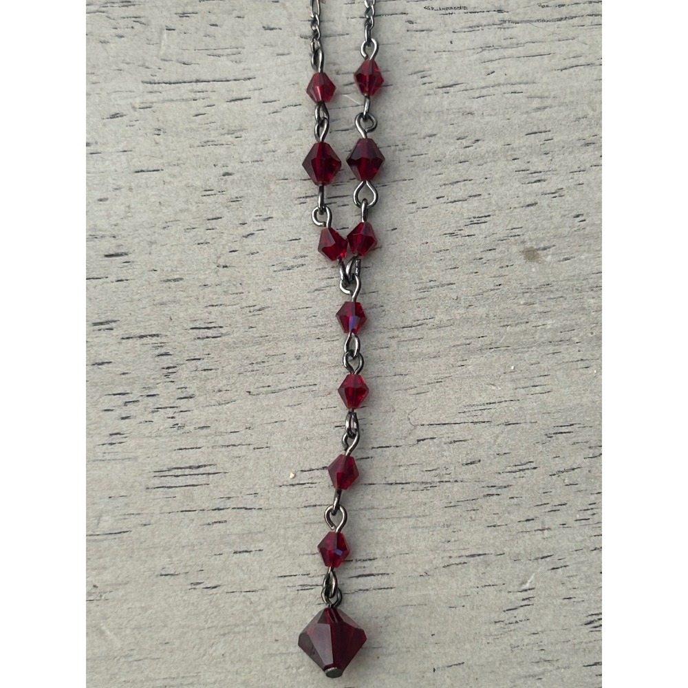 Vintage Red Crystal Lariat Necklace Gunmetal Y-Necklace Romantic Goth Y2K Korea